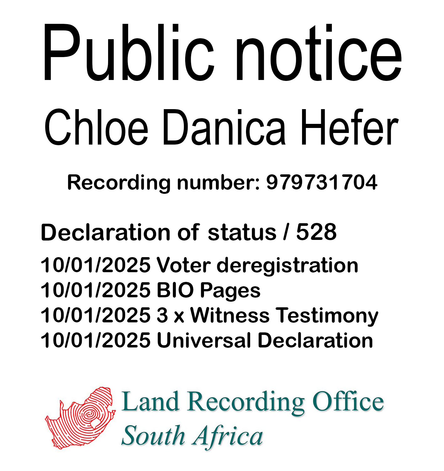 Public notice Chloe Danica Hefer Recording number 979731704